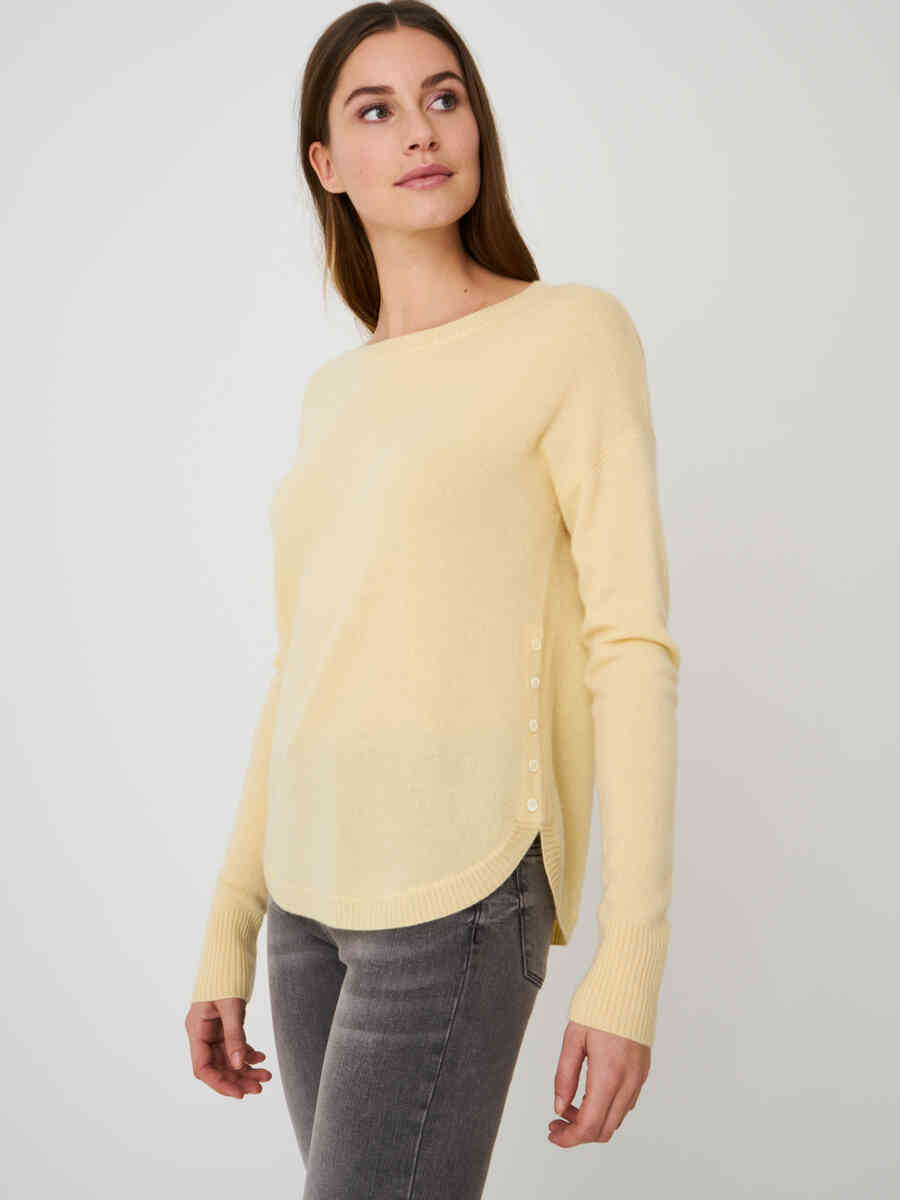 Organic cashmere boat neck sweater with side button placket