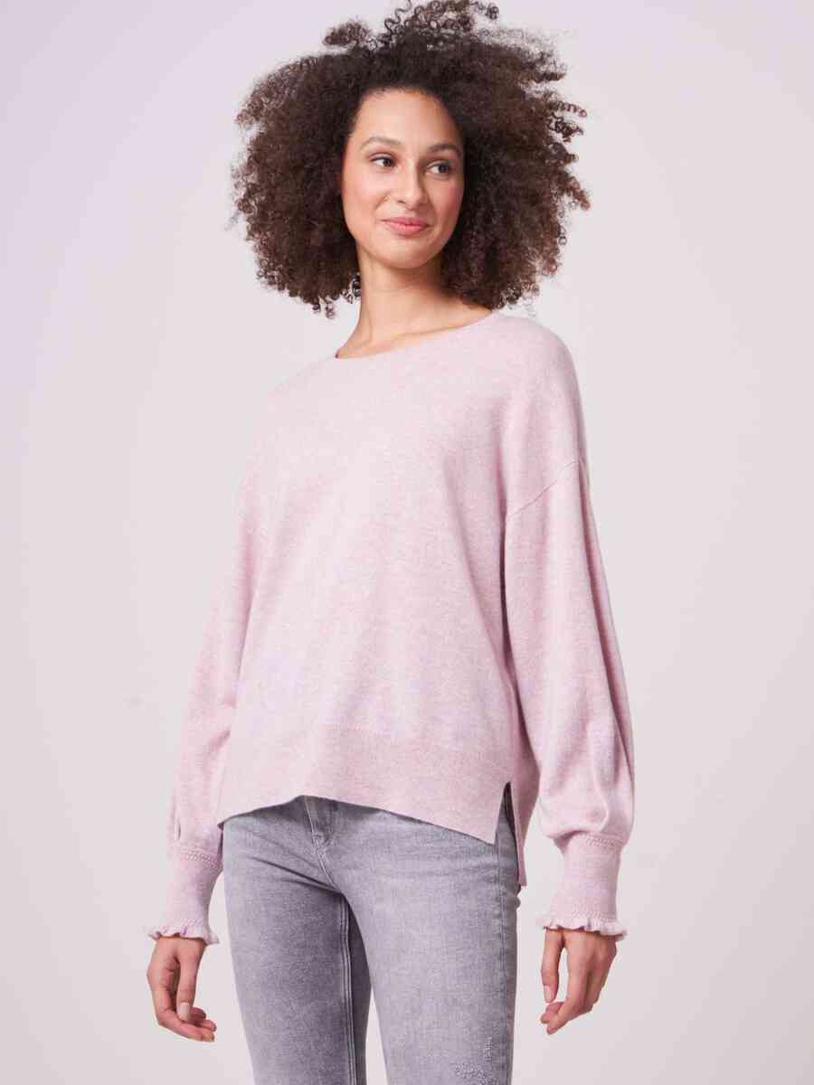Round neck organic cashmere puff sleeve sweater with ruffle