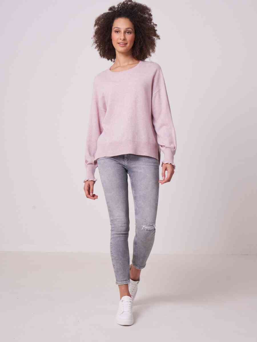 Round neck organic cashmere puff sleeve sweater with ruffle image number 3