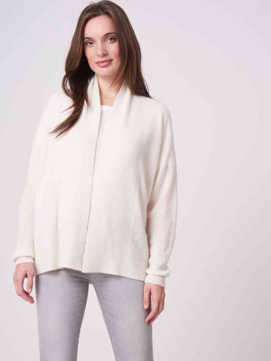Open front organic cashmere cardigan with ribbed details