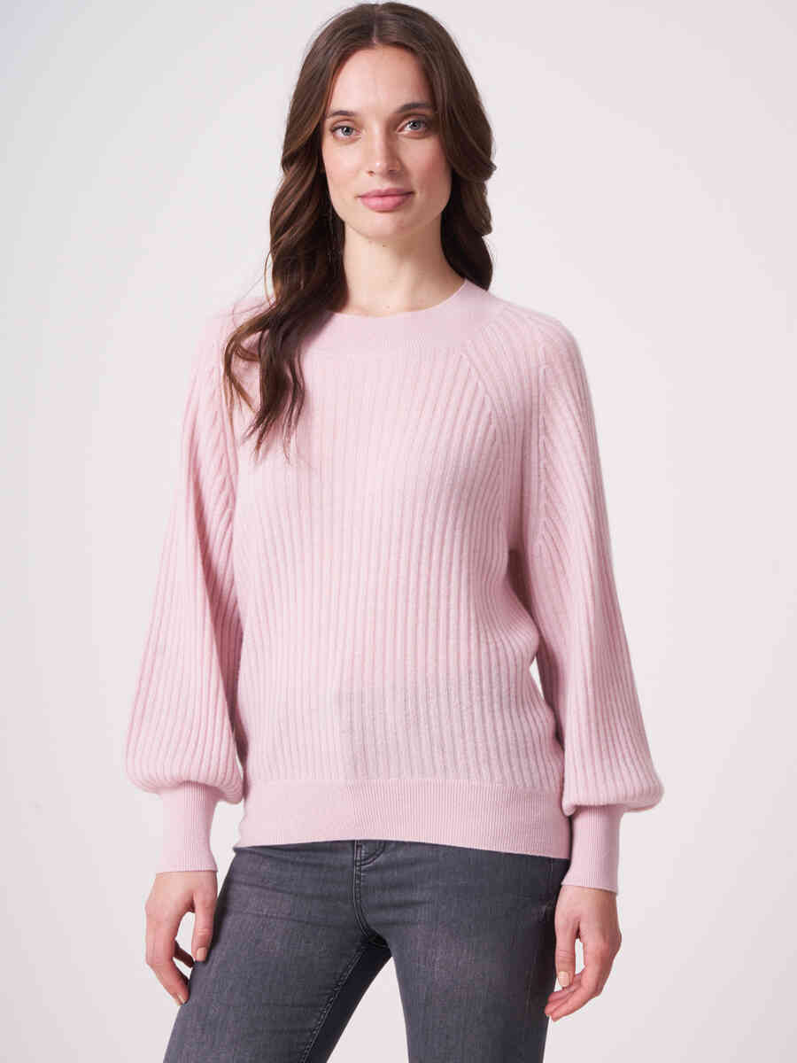 Rib knit cashmere sweater with puff sleeves image number 2