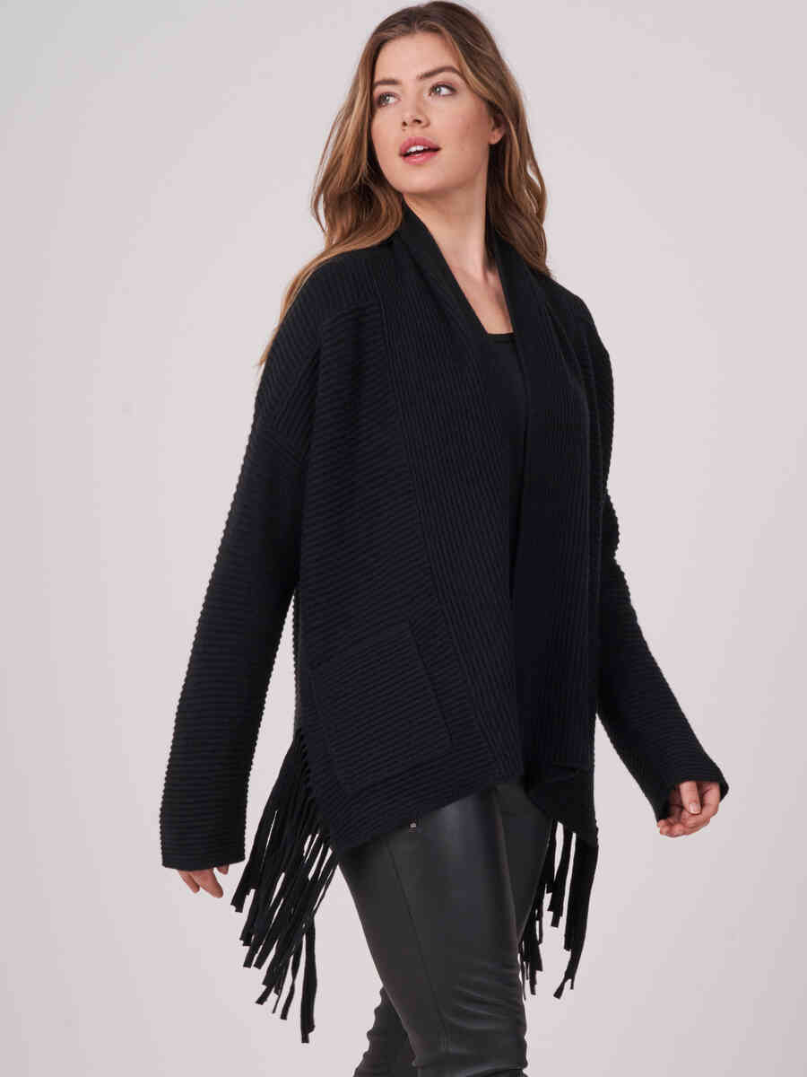 Open rib knit cardigan with long fringes image number 0