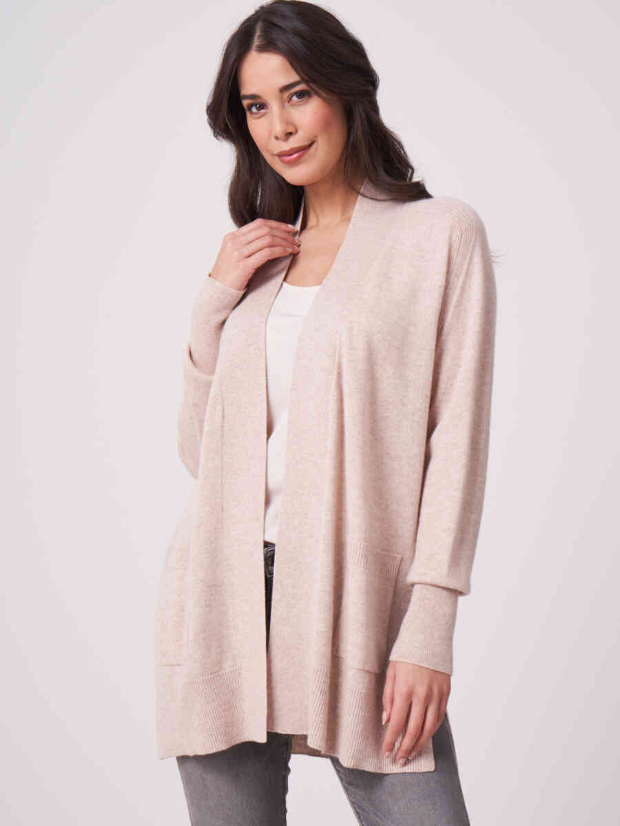 Organic cashmere silk blend open front cardigan with pockets