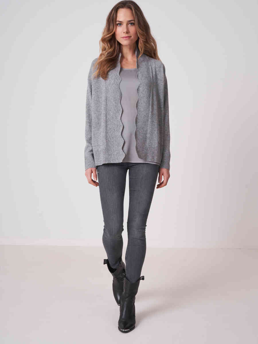 Open cardigan with ribbed scalloped shawl collar image number 3