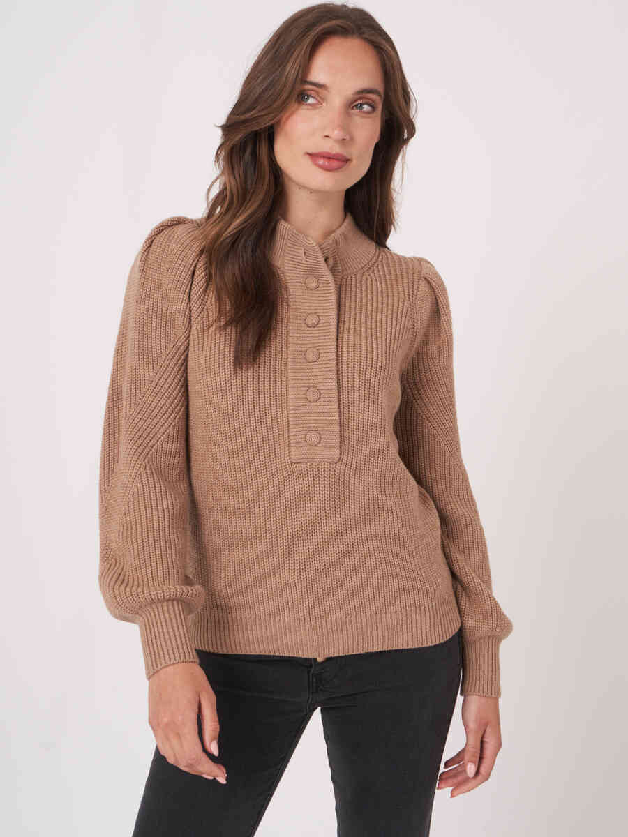 Chunky rib knit sweater with puff sleeves