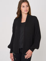 Cropped rib knit cardigan with pleated puff sleeves image number 0