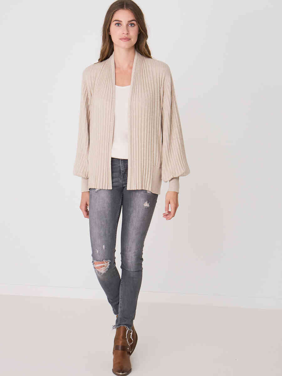 Cropped rib knit cardigan with pleated puff sleeves image number 11