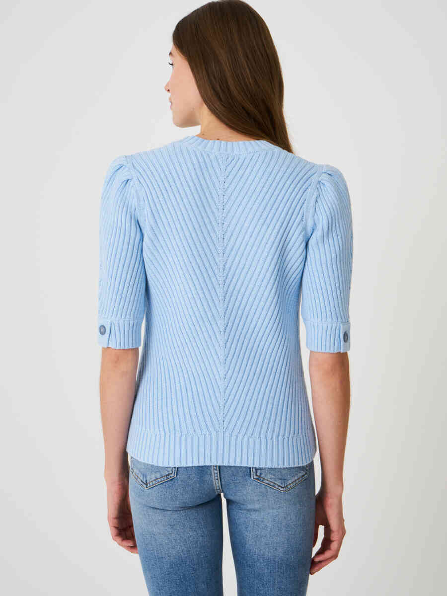 Short puff sleeve sweater with diagonal fancy rib knit  image number 1