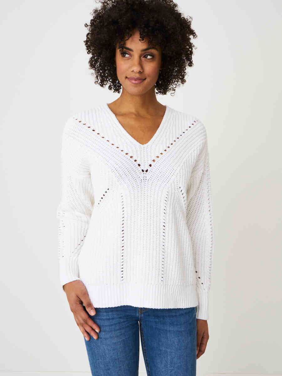 Italian cotton blend rib knit pullover with pointelle details