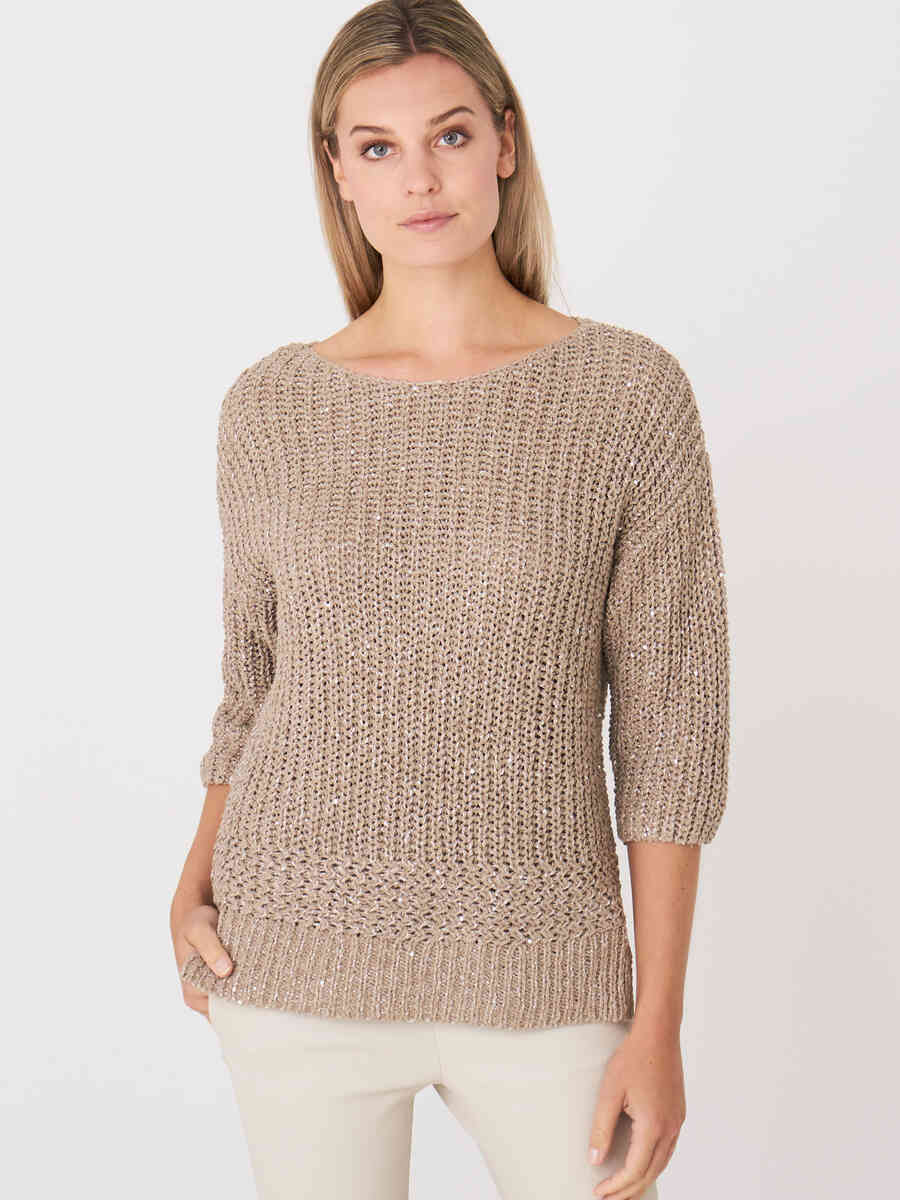 Italian cotton blend 3/4 sleeve boat neck sweater with sequins