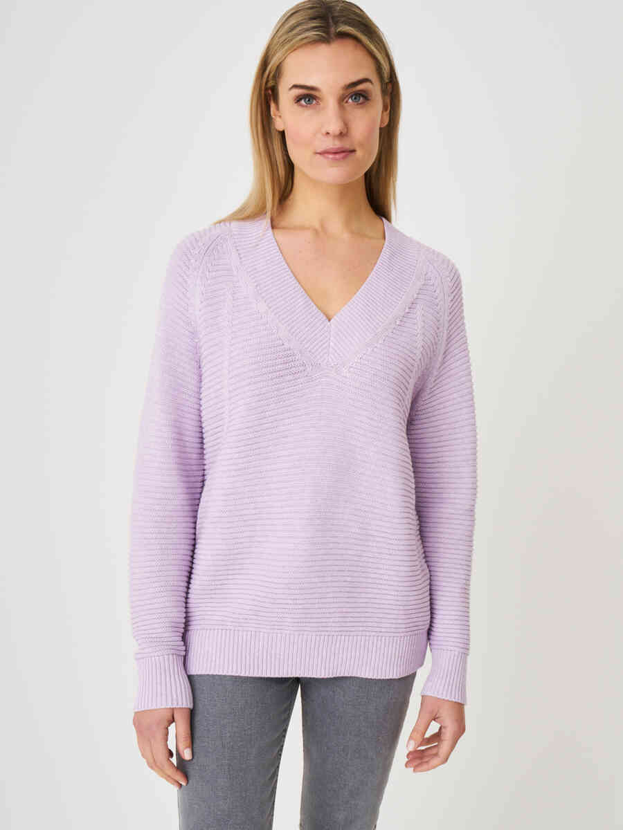 Casual pure cotton sweater with knitted details on the front image number 0