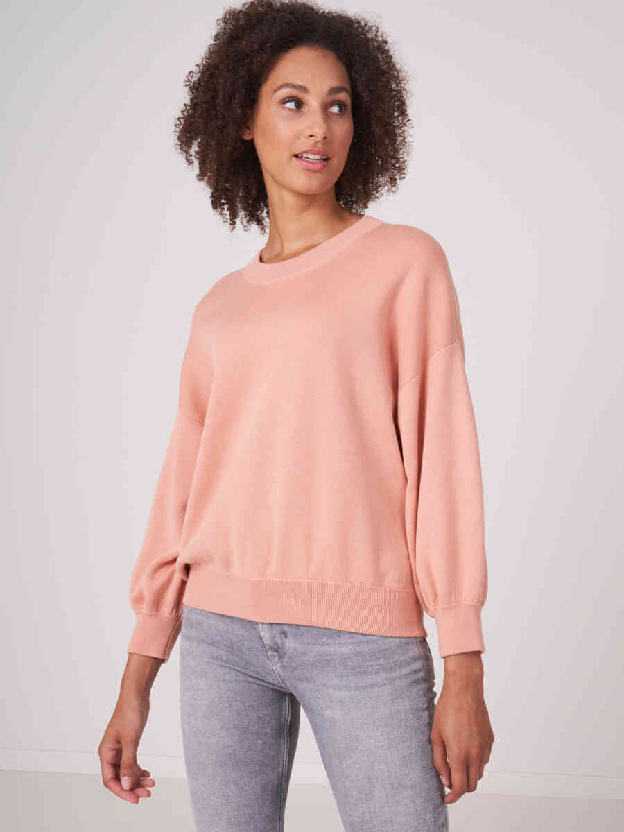 Pure cotton knit sweater with 3/4 puff sleeves