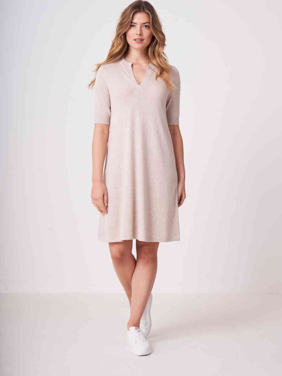 Cotton blend knitted dress with slit neckline image number 3