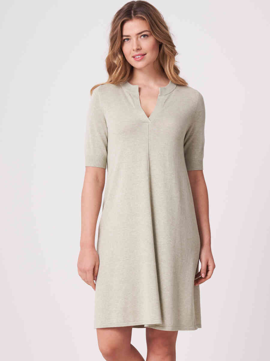 Cotton blend knitted dress with slit neckline