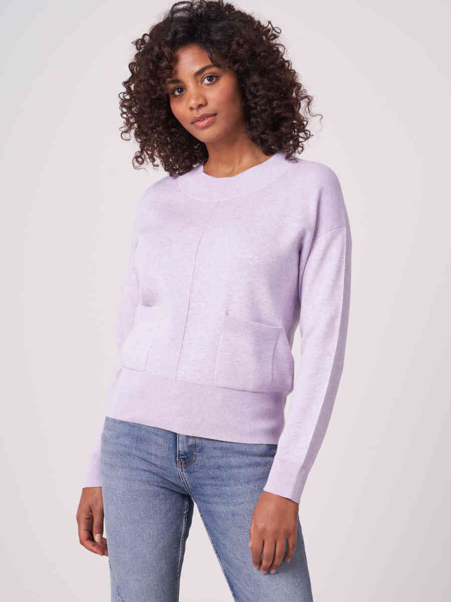 Wide sleeve cotton blend sweater with pockets
