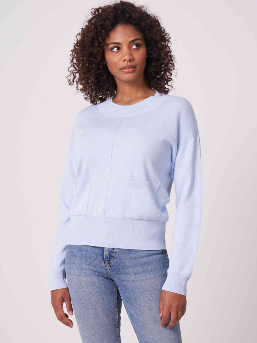 Wide sleeve cotton blend sweater with pockets