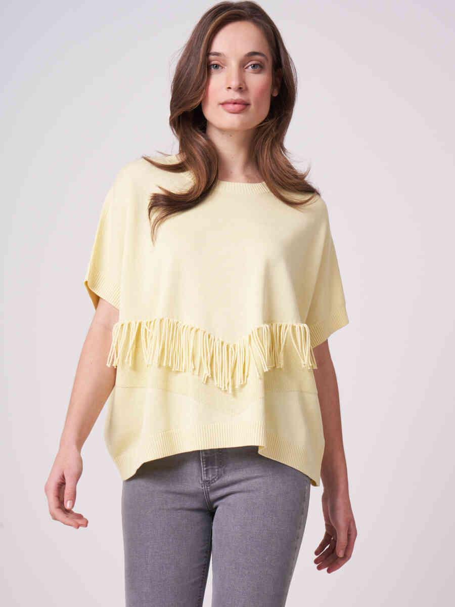 Cotton blend poncho sweater with fringes on the front