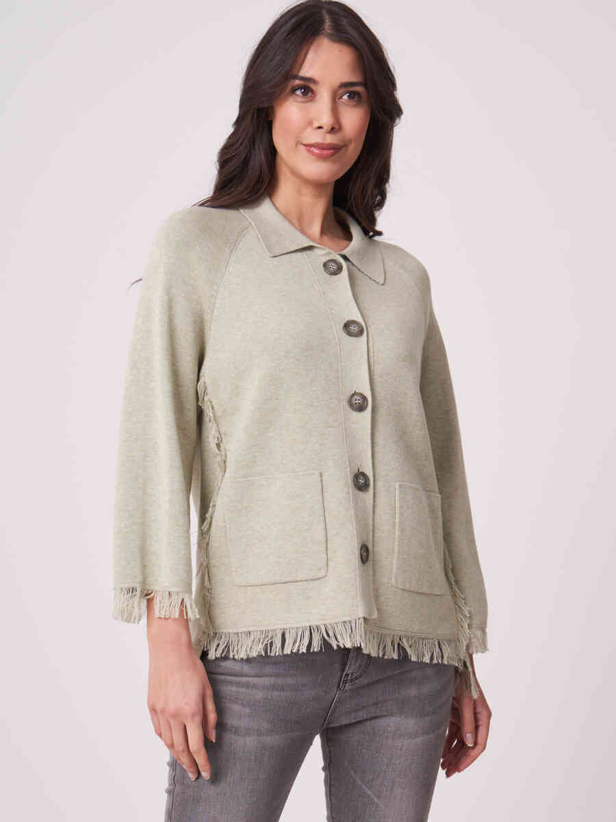 Cotton blend fringed cardigan with polo neck