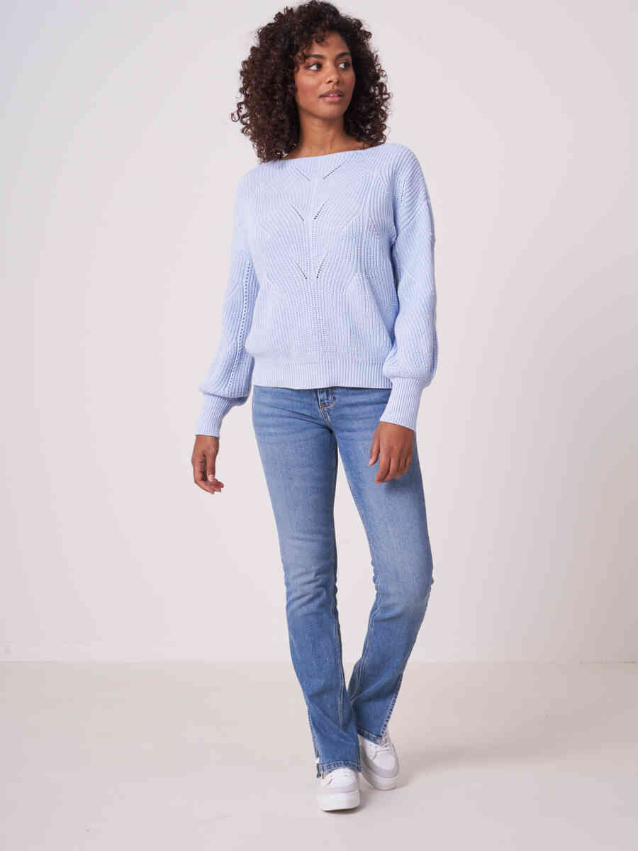 Cotton rib knit sweater with boat neckline