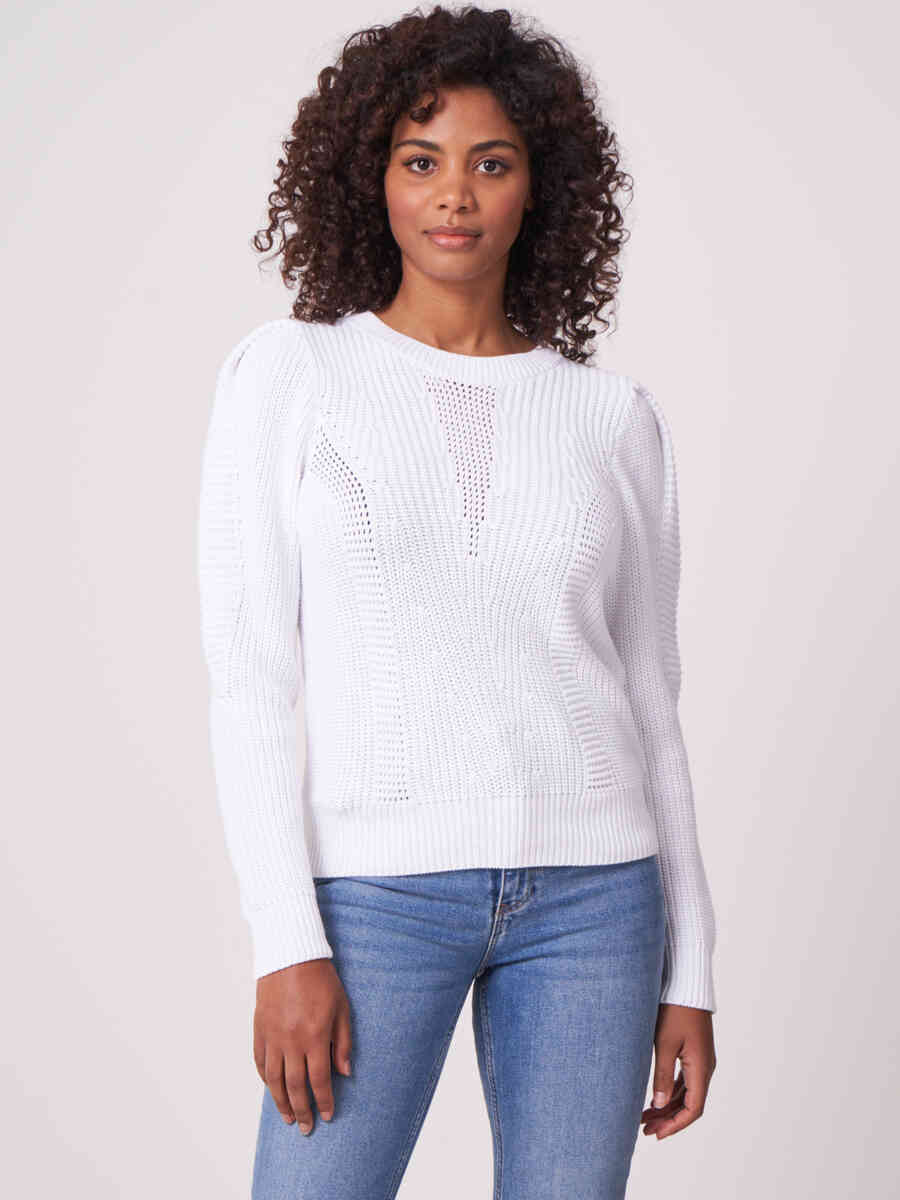 Rib knit sweater with puff shoulders image number 0