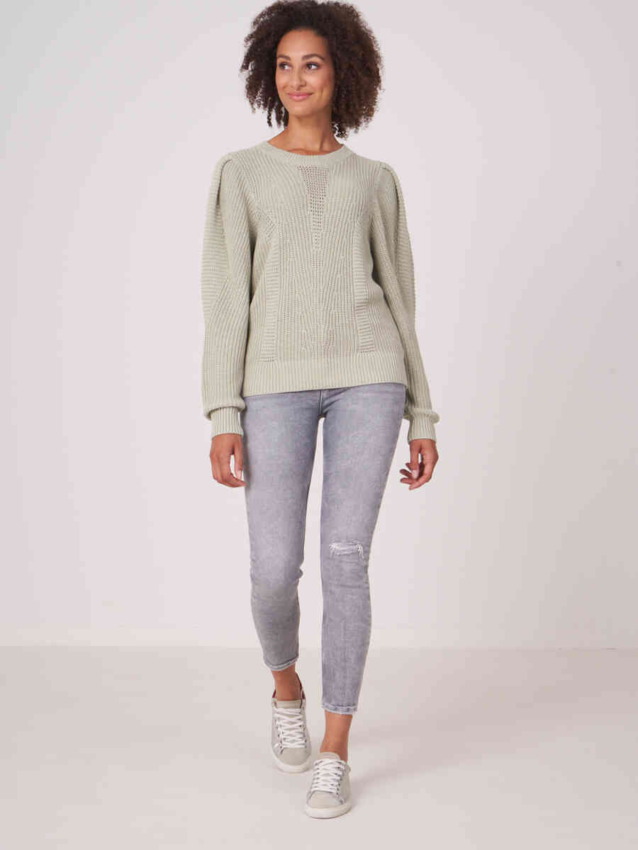 Rib knit sweater with puff shoulders image number 4