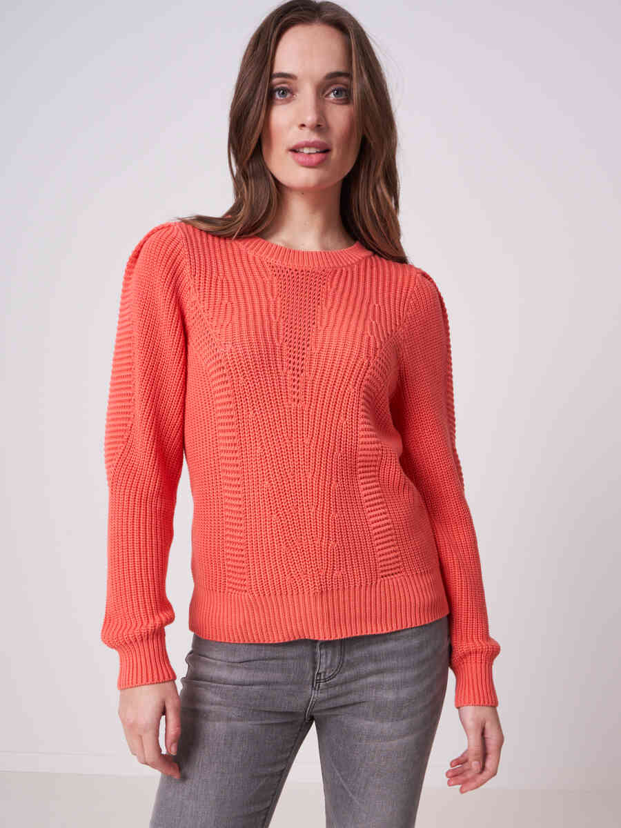 Rib knit sweater with puff shoulders