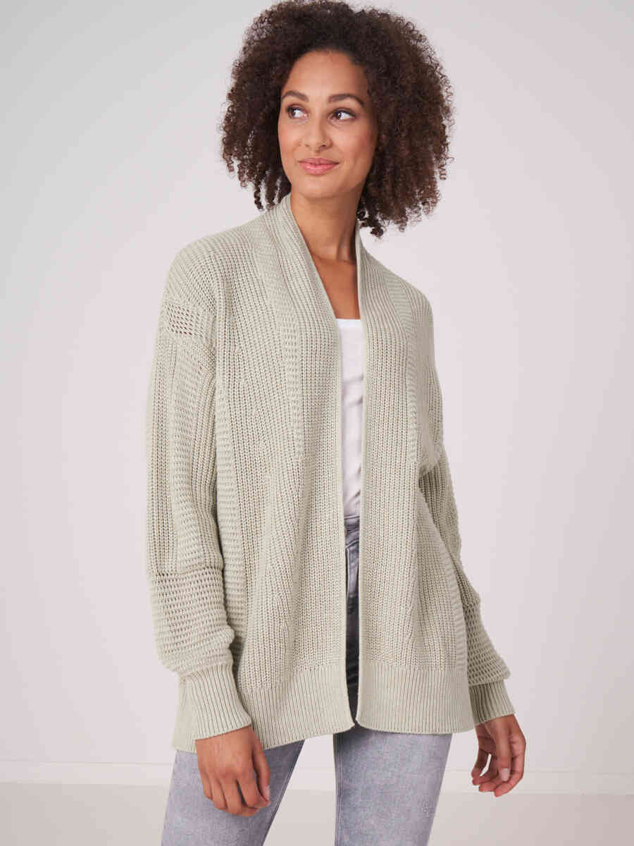 Pure cotton open rib knit cardigan with puff sleeves