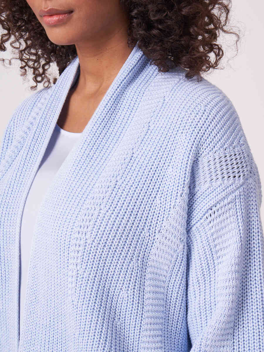 Pure cotton open rib knit cardigan with puff sleeves image number 2