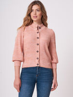 Two tone cotton silk blend knit cardigan with 3/4 puff sleeves image number 1