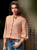 Two tone cotton silk blend knit cardigan with 3/4 puff sleeves image number 0