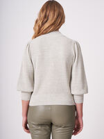 Two tone cotton silk blend knit cardigan with 3/4 puff sleeves image number 1