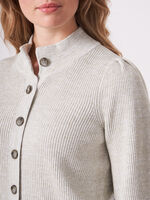 Two tone cotton silk blend knit cardigan with 3/4 puff sleeves image number 2