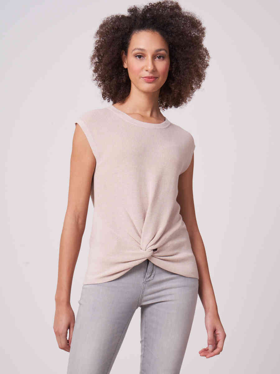 Cotton linen blend short sleeve rib knit sweater