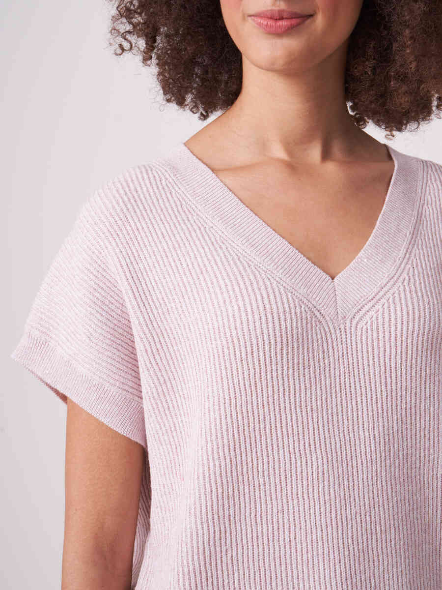 Cotton cashmere blend short sleeve sweater with mini sequins image number 2