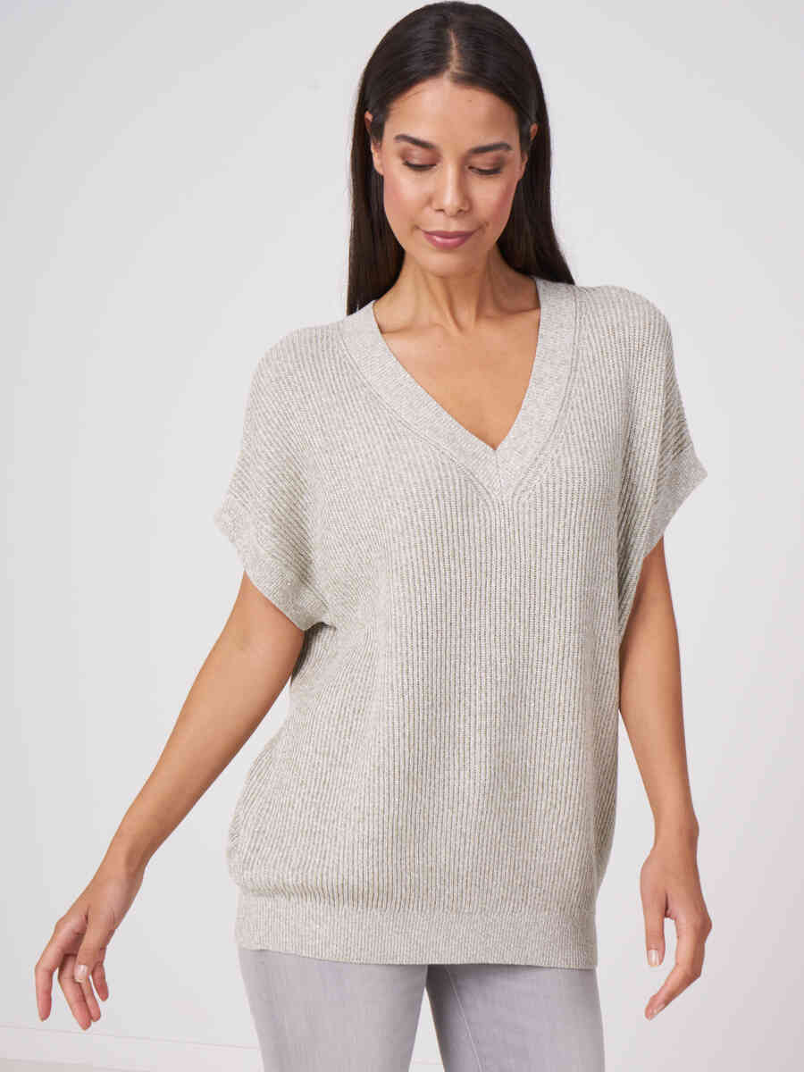 Cotton cashmere blend short sleeve sweater with mini sequins