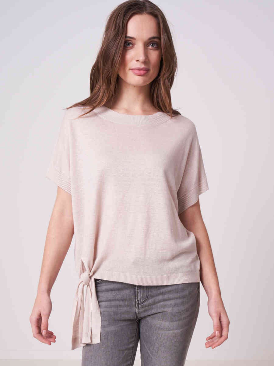 Pure linen poncho sweater with tie