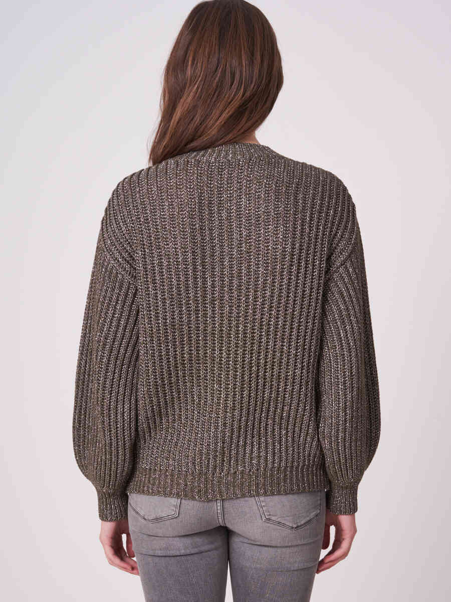 Shiny chunky rib knit sweater made of Italian fancy yarn image number 1