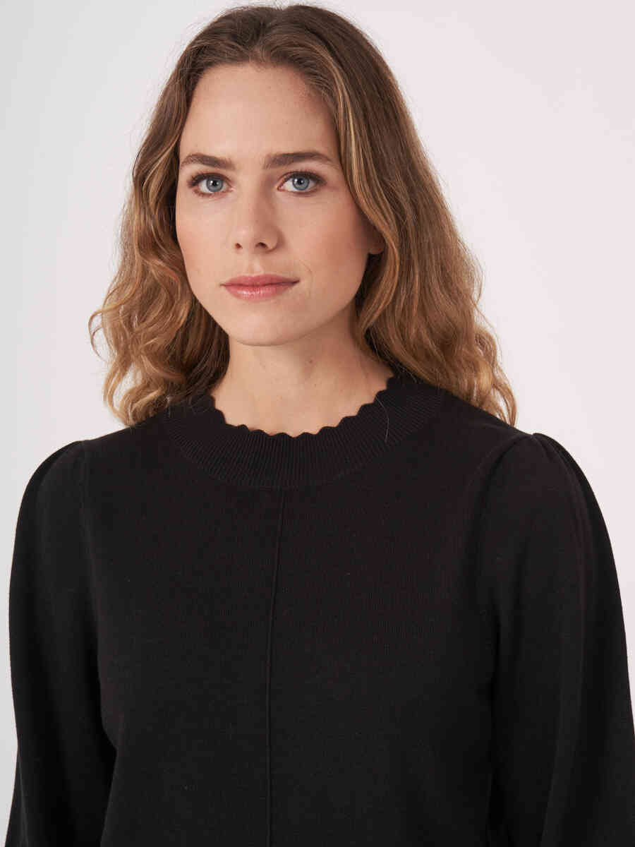 Cotton blend sweater with puff sleeves and scalloped hem image number 2