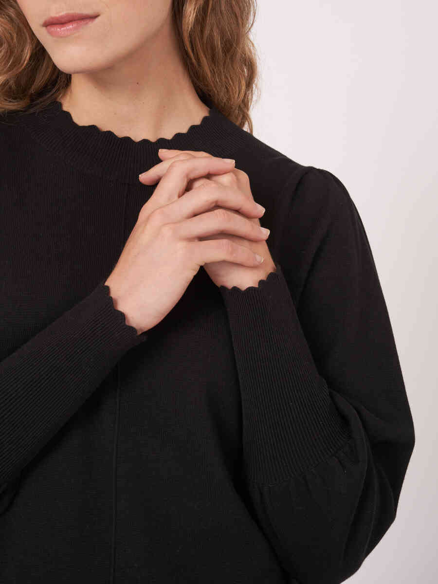 Cotton blend sweater with puff sleeves and scalloped hem image number 3