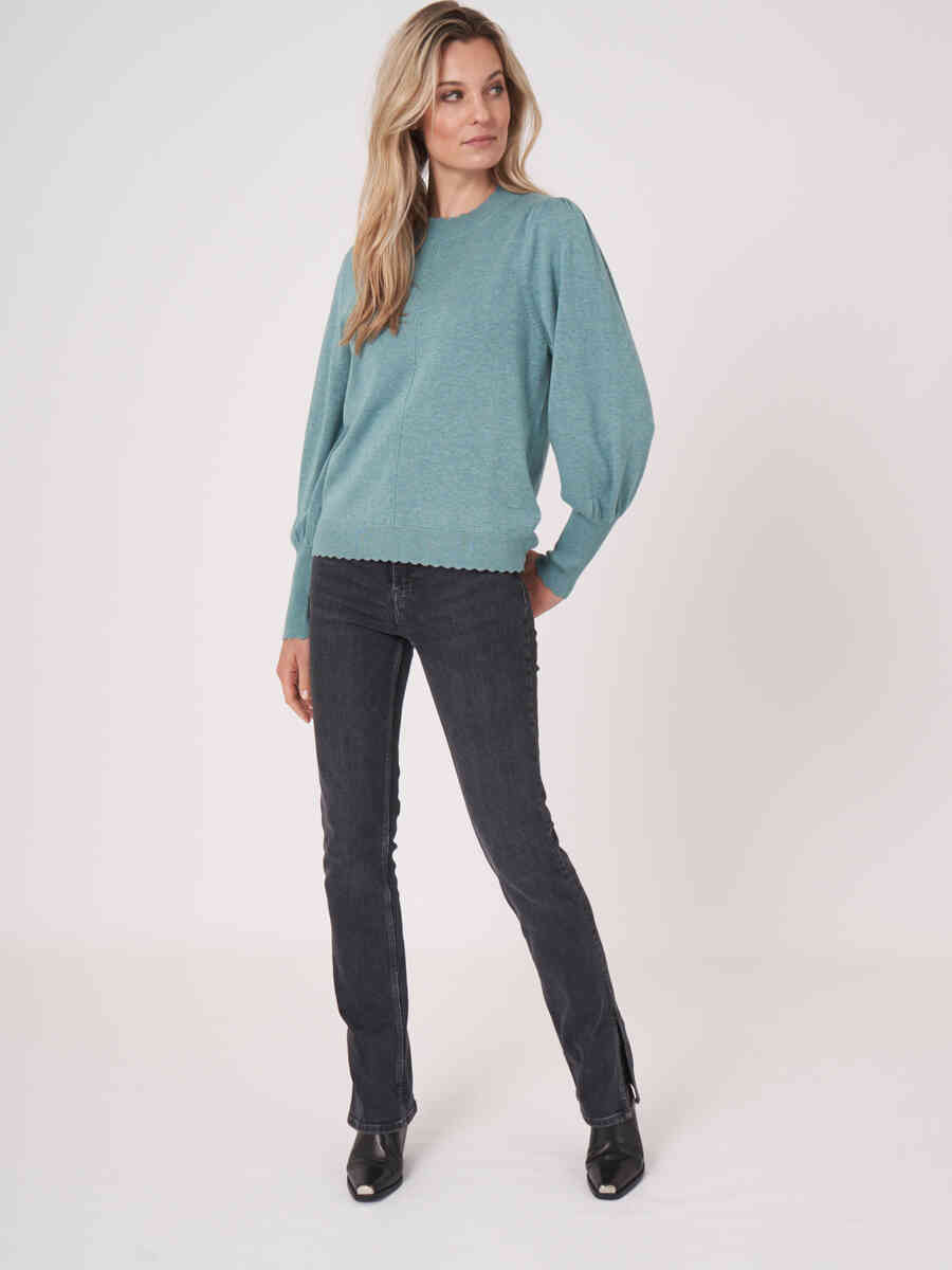 Cotton blend sweater with puff sleeves and scalloped hem image number 7