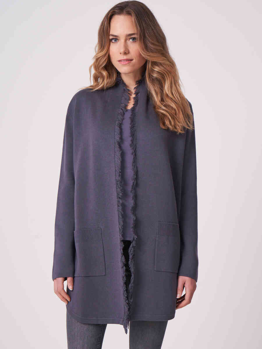 Cotton blend open cardigan with fringe shawl collar image number 0
