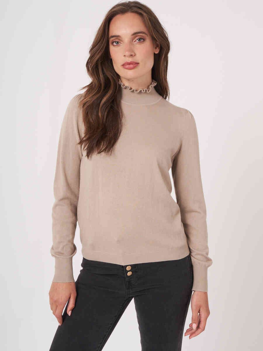 Cashmere blend sweater with ruffle stand-up collar