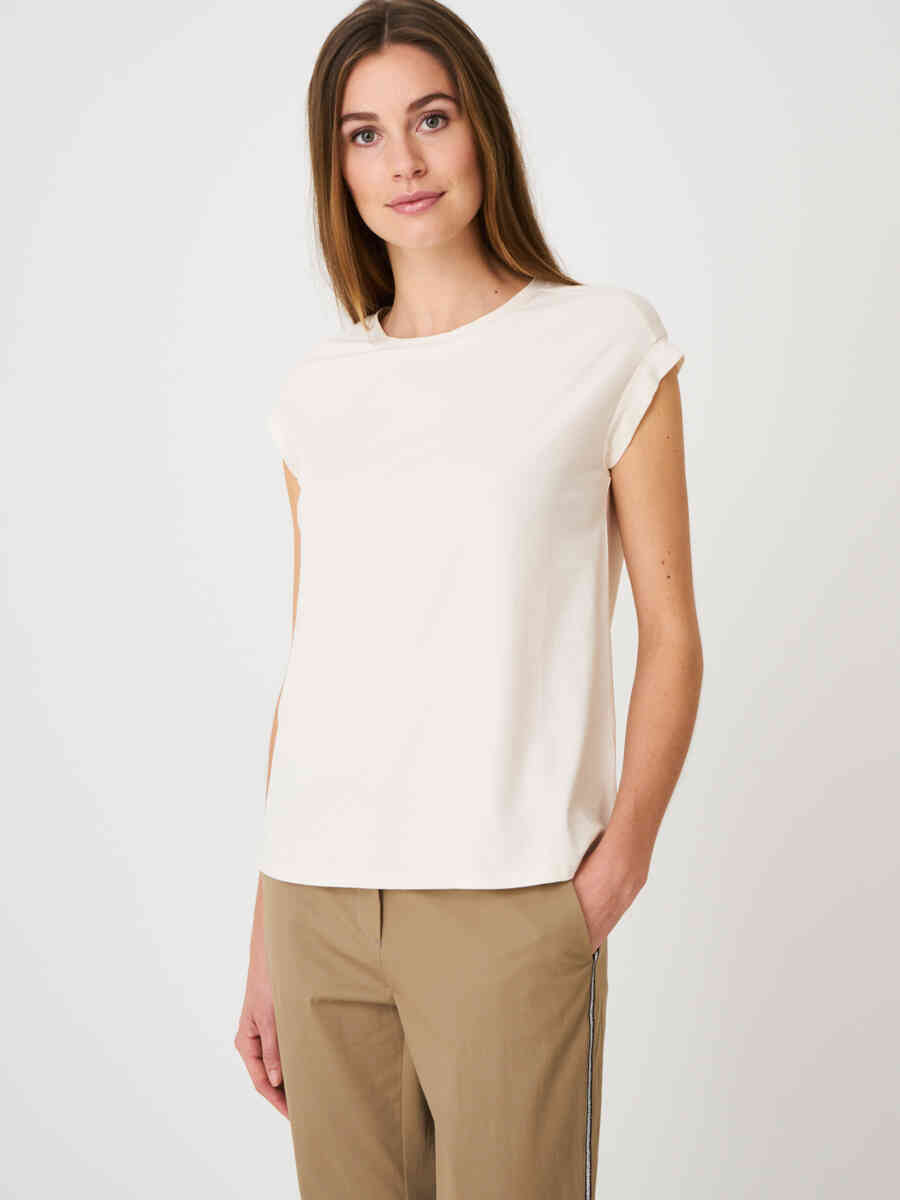 Stretch cotton sleeveless top with round neckline