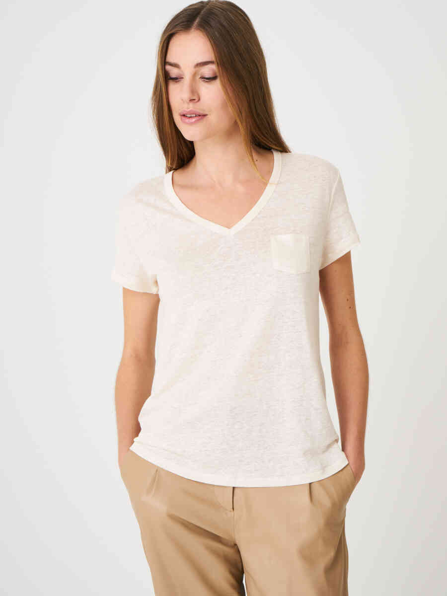 Basic pure linen V-neck T-shirt with chest pocket