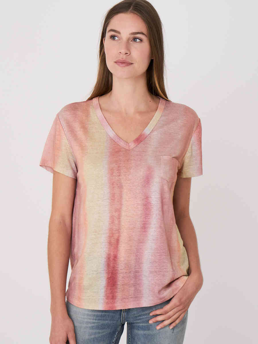 Pure linen V-neck T-shirt with tie dye print