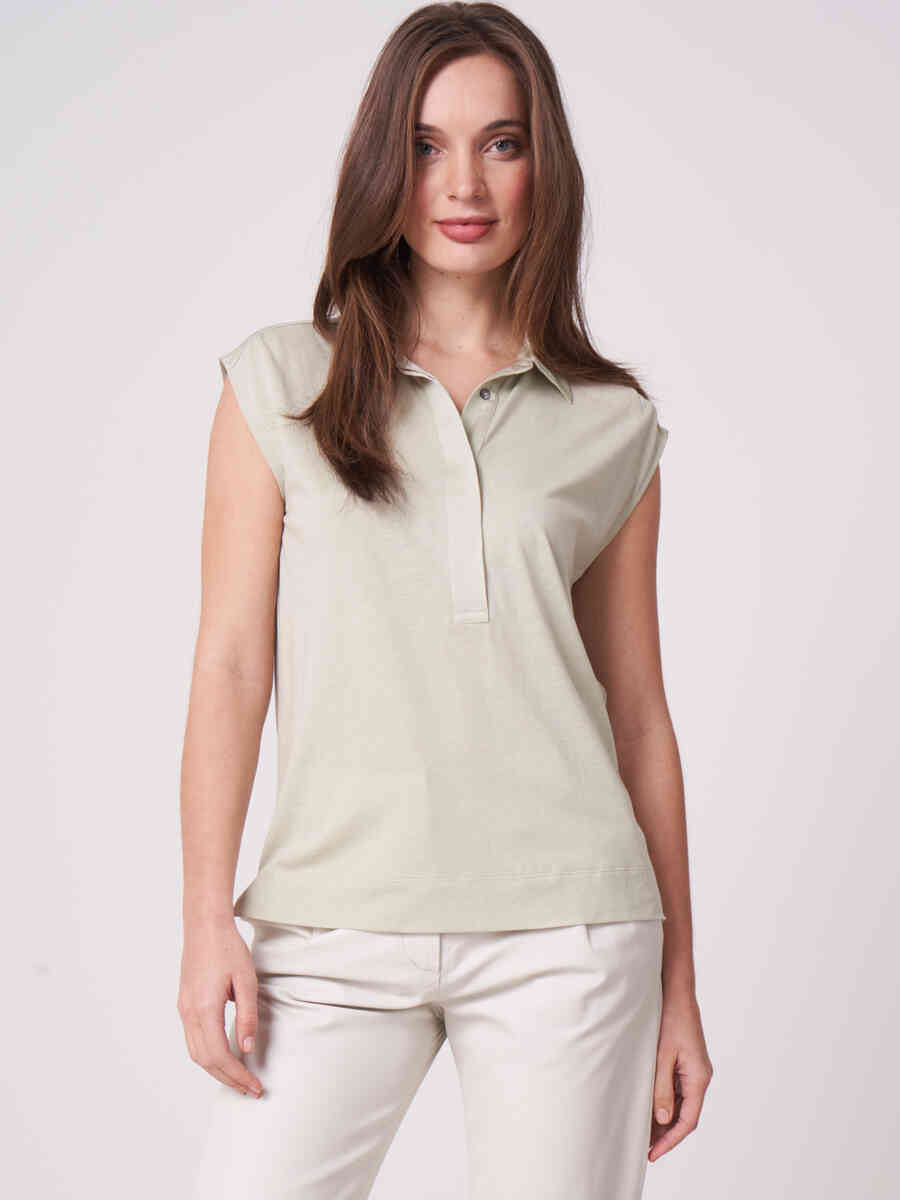 Jersey top with silk polo-neck