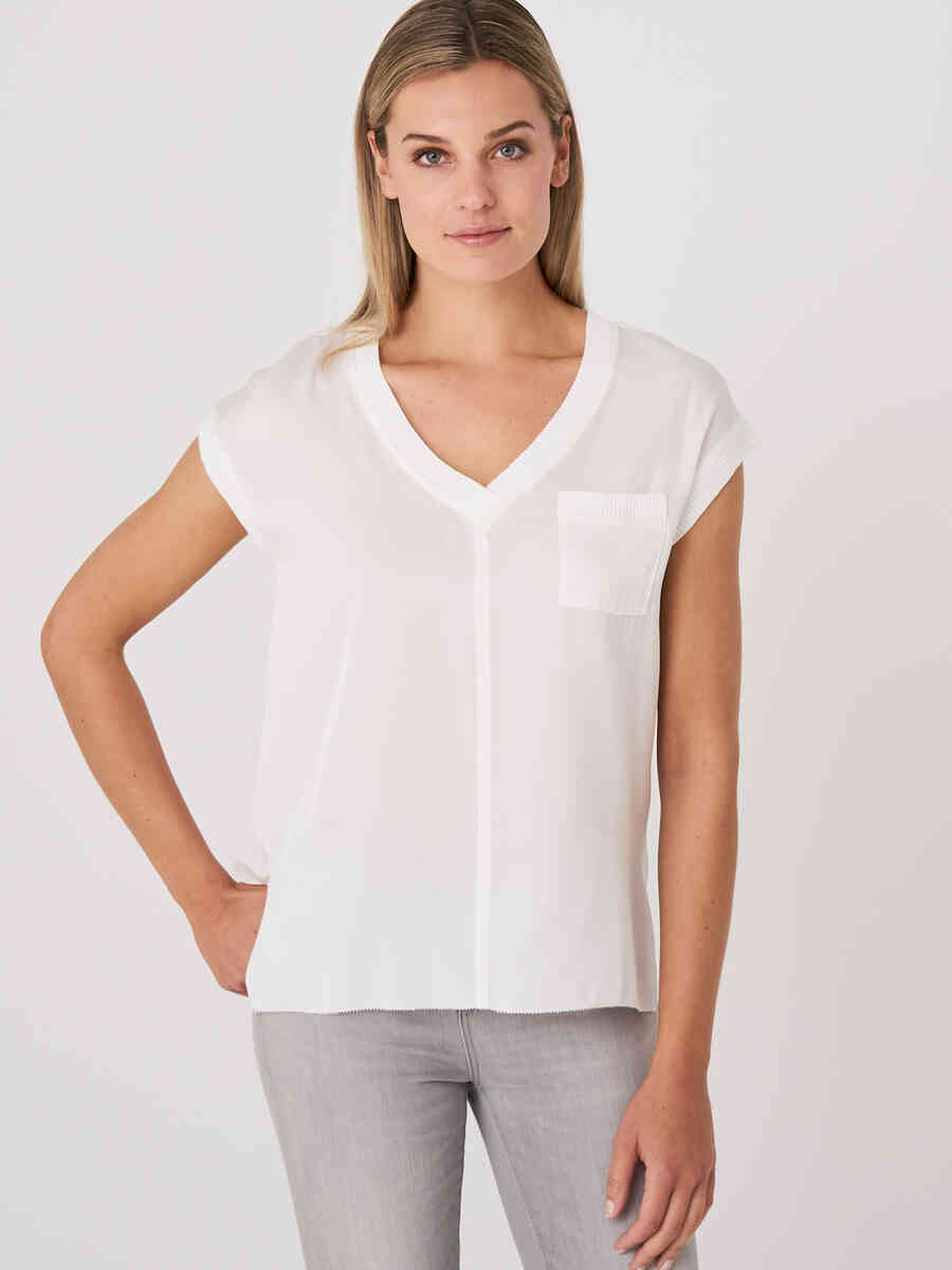 V-neck silk top with chest pocket and rib knit details