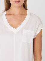 V-neck silk top with chest pocket and rib knit details image number 2
