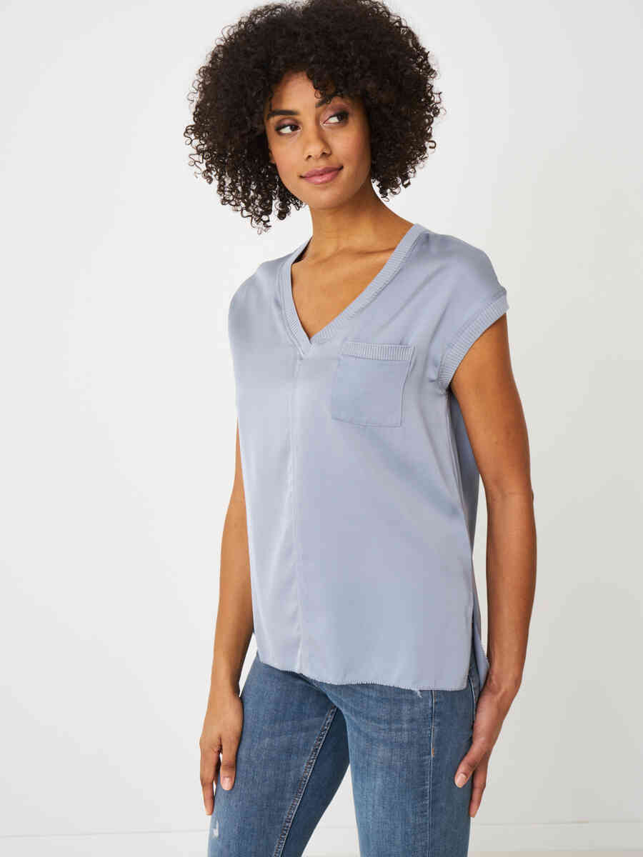 V-neck silk top with chest pocket and rib knit details