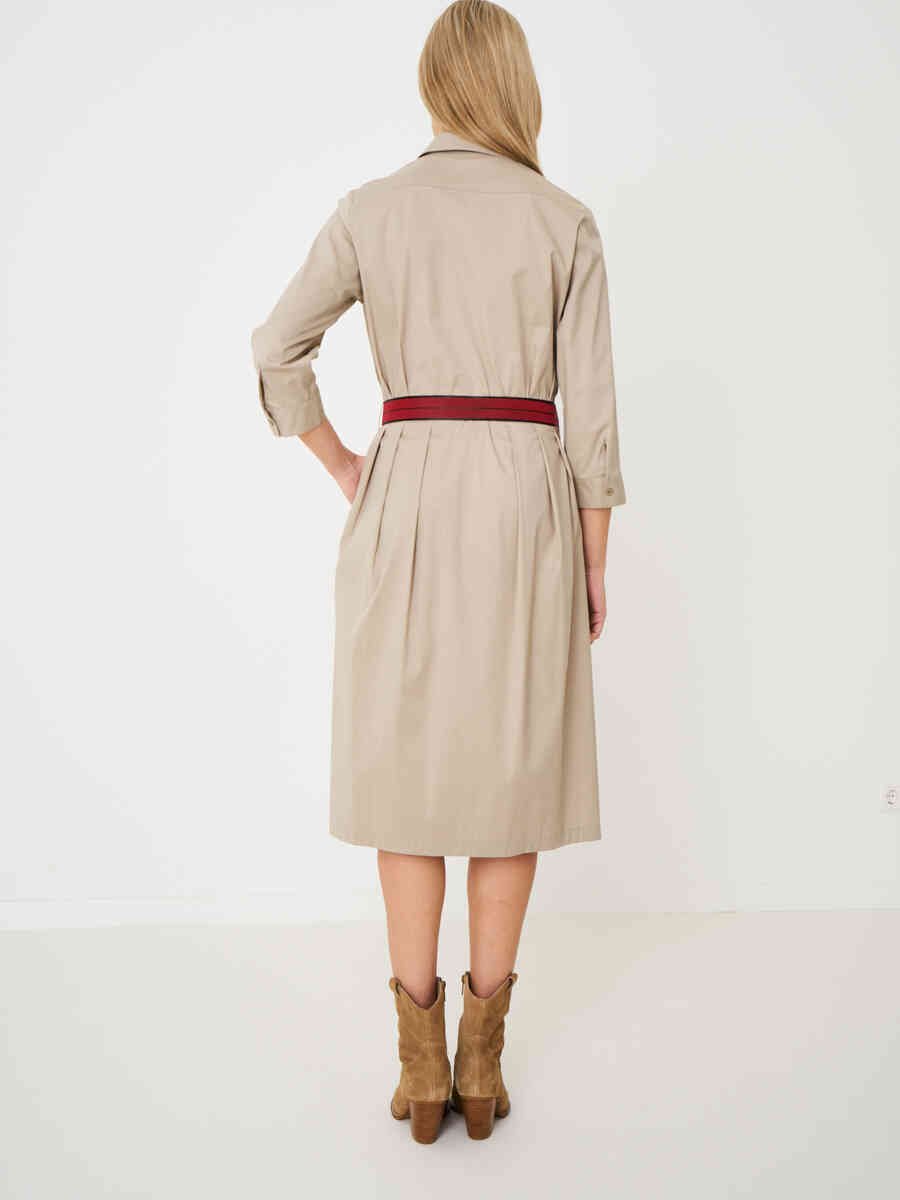 Long stretch poplin dress with shirt collar and bi-color belt image number 1
